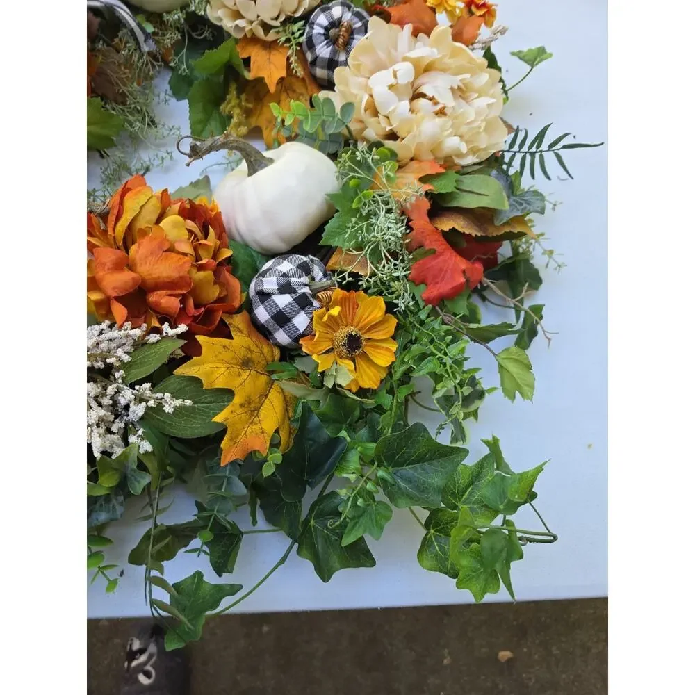 Large Buffalo plaid fall wreath-white pumpkin wreath, lambs ear wreath